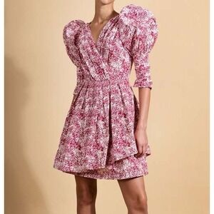 BATSHEVA Izra Dress NWT Size 2 Red White Floral Berry Cotton Puff Sleeve Pleated